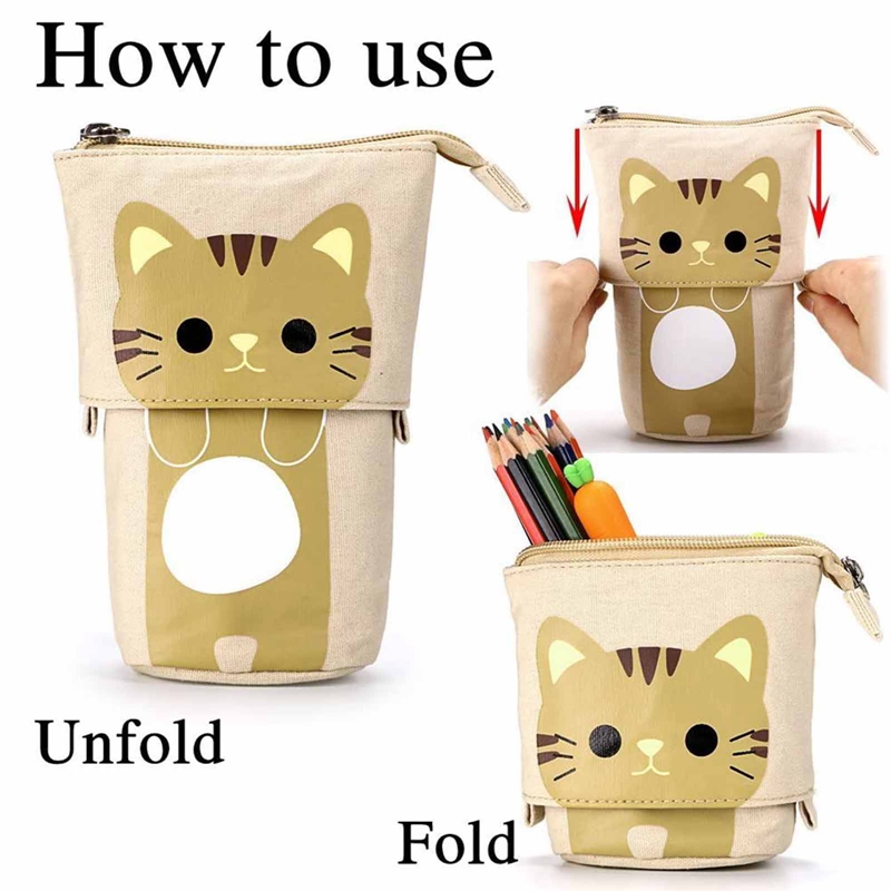 Cute Cat Retractable Pencil Case Stationery Bag Pen Cases Canvas High Capacity Gifts for Kids