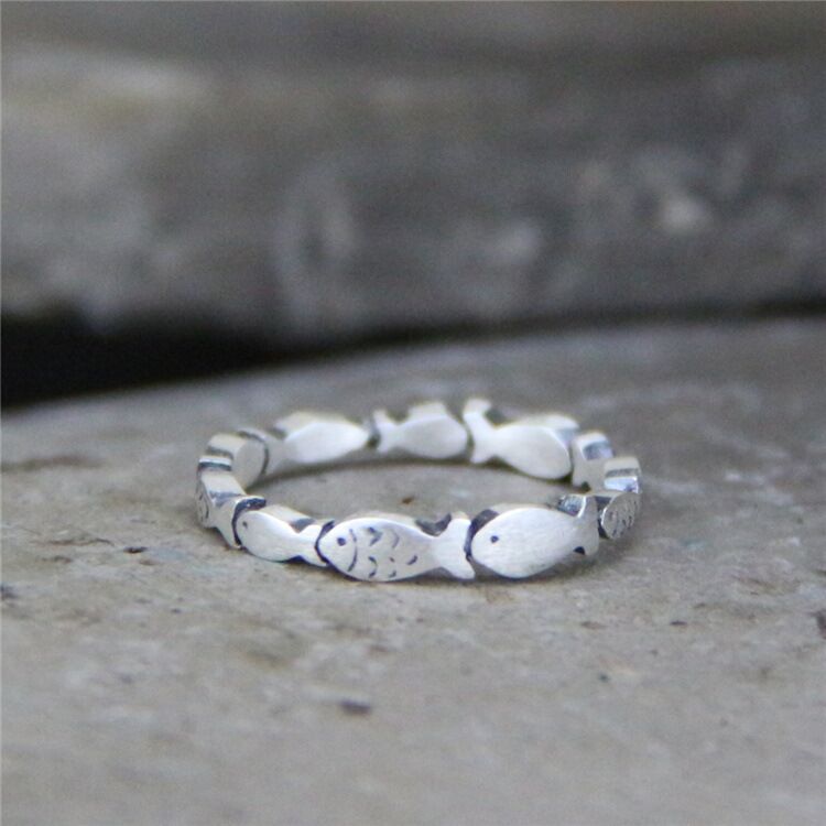 Matte fish ring for women fine ring tail ring S999 pure silver