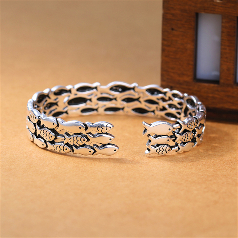 Luxury Designer Wide Female Bracelet    Animal Cluster Of Fish Vintage Arm Cuff Bangles For Women s925