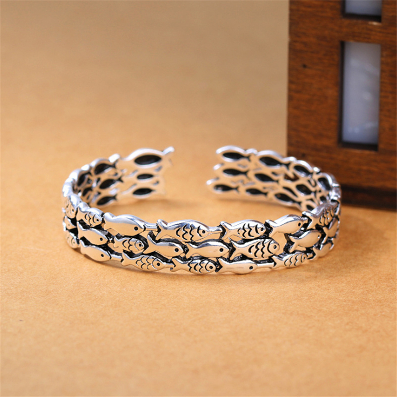 Luxury Designer Wide Female Bracelet    Animal Cluster Of Fish Vintage Arm Cuff Bangles For Women s925