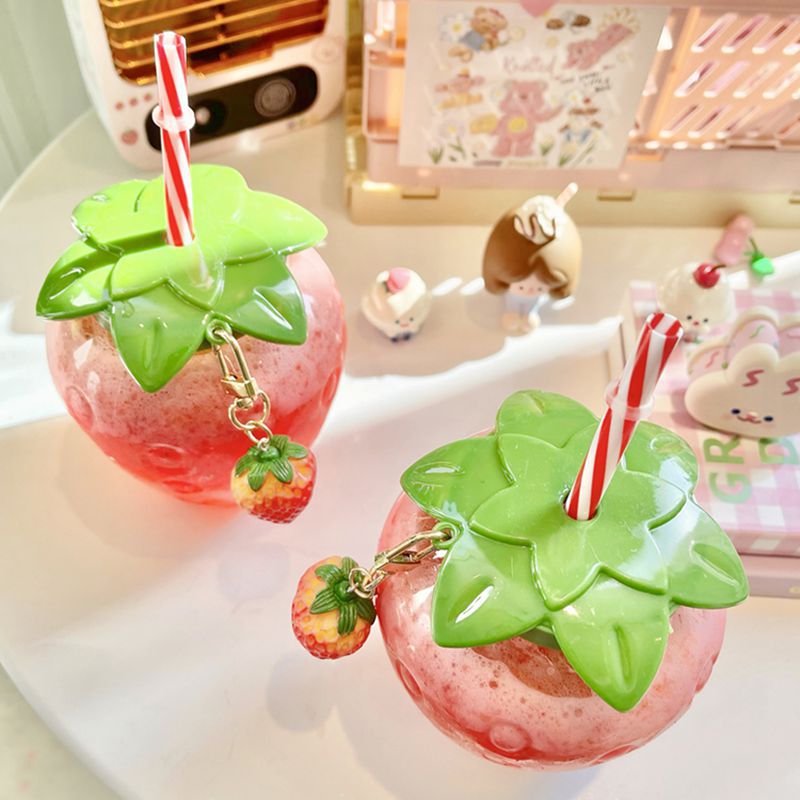 Strawberry straw cup with pendant plastic cup cute female hand-held milk tea cup student portable water cup water bottle