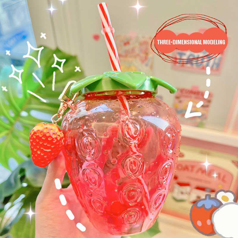 Strawberry straw cup with pendant plastic cup cute female hand-held milk tea cup student portable water cup water bottle