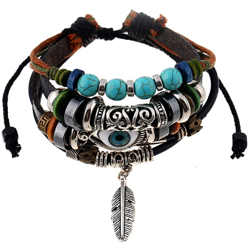 Handmade  Vintage Young Punk Brown Leather Feather Metal Charms Unisex Adjustable Layered Bracelet
