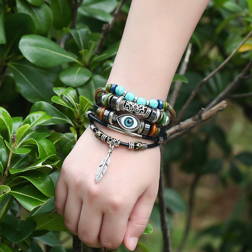 Handmade  Vintage Young Punk Brown Leather Feather Metal Charms Unisex Adjustable Layered Bracelet