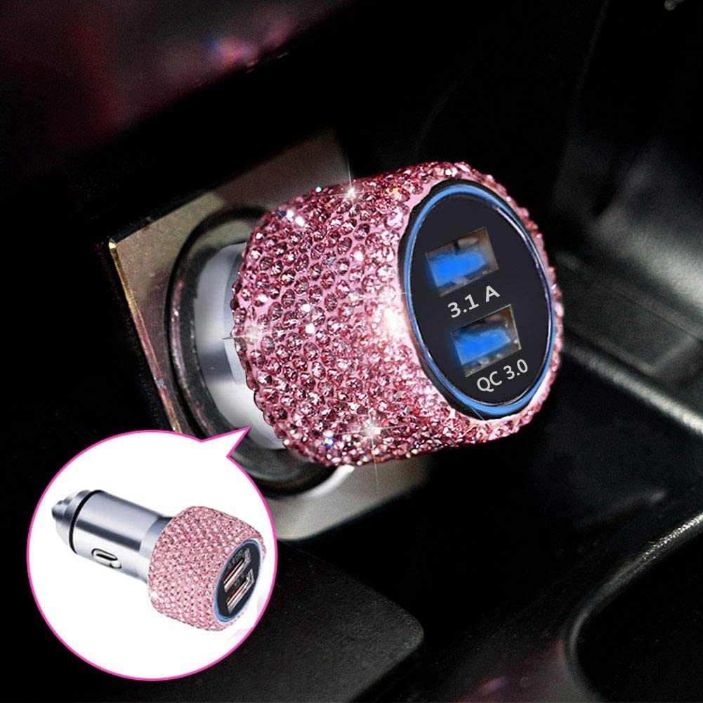 Dual USB Port Fast Charging Car Charger Safety Hammer Design To Help Break Windows In Emergencies With Bling Rhinestones Crystal