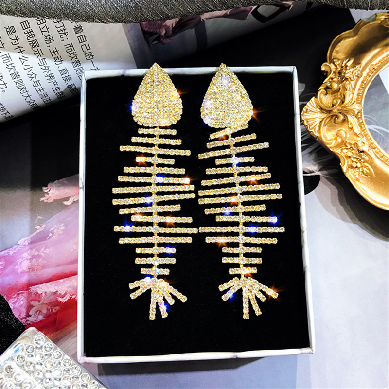 Fish Bone Crystal Drop Earrings for Women Long Rhinestones Dangle Earrings Statement Jewelry Gifts