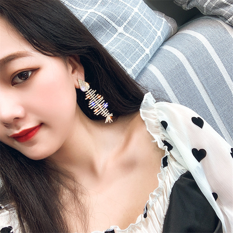 Fish Bone Crystal Drop Earrings for Women Long Rhinestones Dangle Earrings Statement Jewelry Gifts