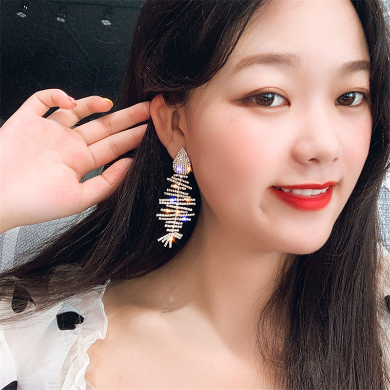Fish Bone Crystal Drop Earrings for Women Long Rhinestones Dangle Earrings Statement Jewelry Gifts