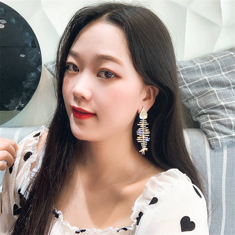 Fish Bone Crystal Drop Earrings for Women Long Rhinestones Dangle Earrings Statement Jewelry Gifts