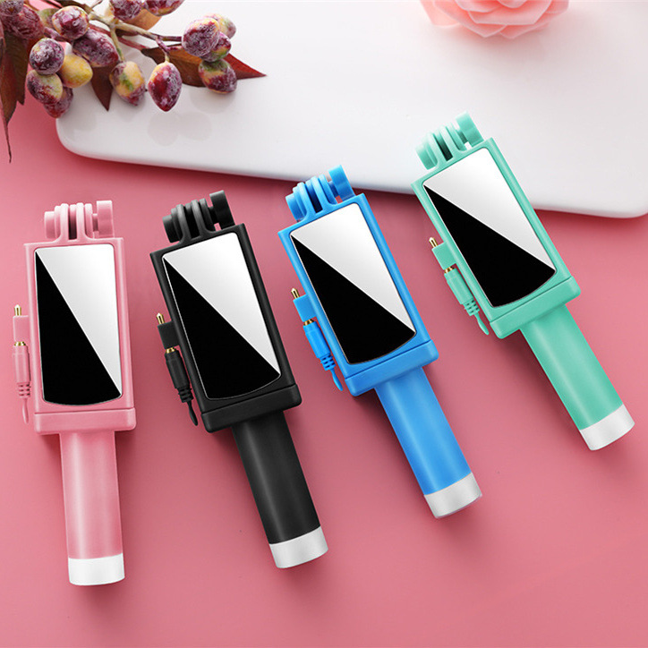 Mini Selfie Stick Stainless Steel with Rearview Mirror Folding Wire-controlled Mobile Phone Integrated Universal