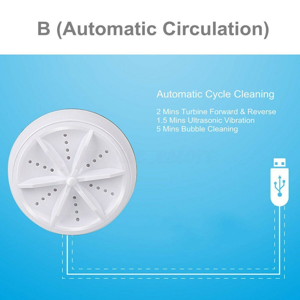Mini Ultrasonic Washing Machine Portable Turbo Personal Rotating Washer Convenient Travel Home Business Travel USB Powered
