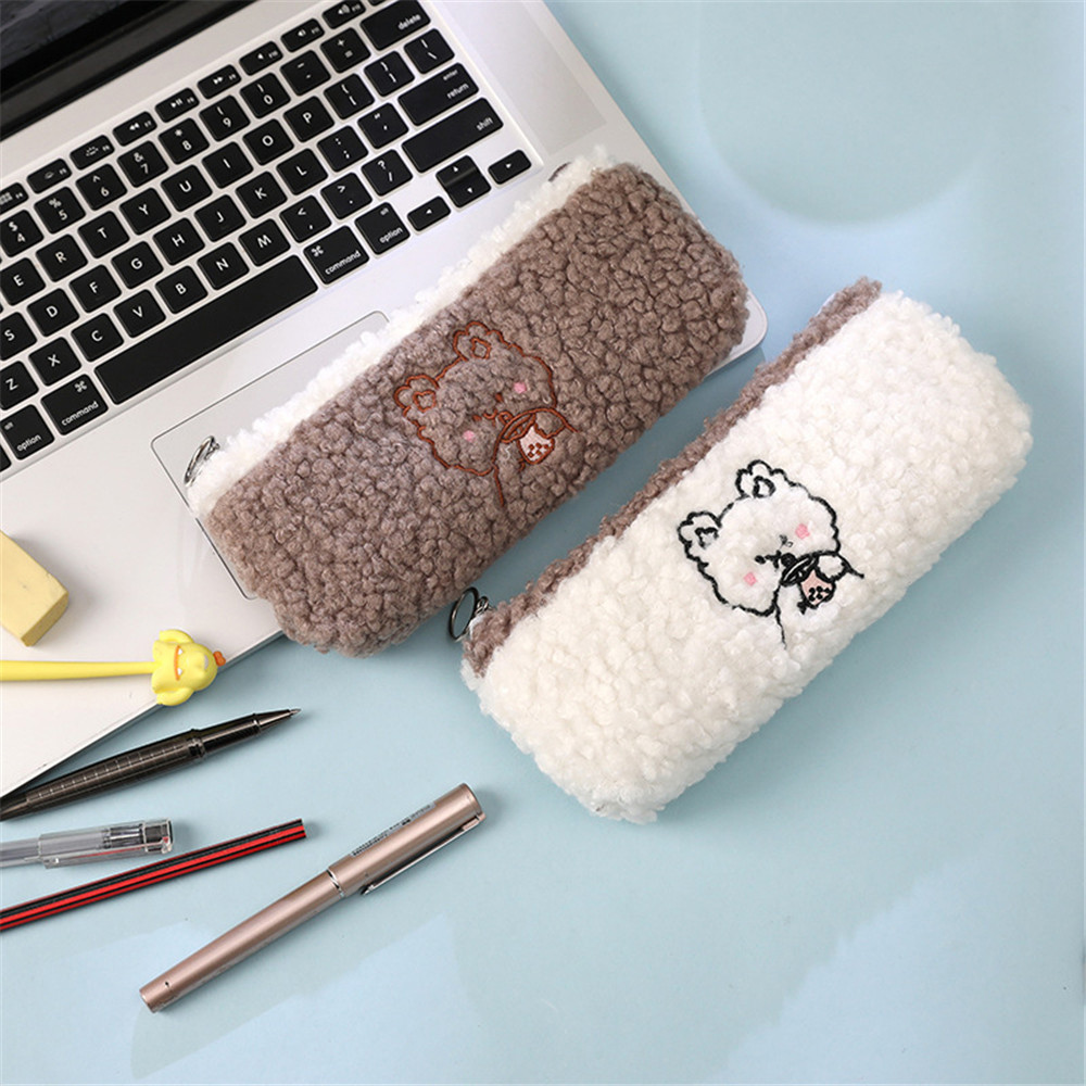 1pc Cute Bear Pencil Case Kawaii Stationery Soft Plush Pencil Bag Stationery Holder Kids Gifts Office School Supplies