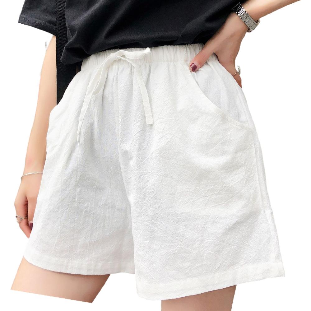 2021 Summer Elegant High Waist Flax Shorts Women Casual Solid Wide Leg Loose Cotton Short Pants Bottom Pant Pocket Black Trouser