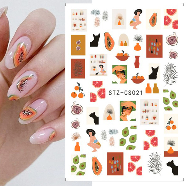 3pcs Abstract Lady Face Nail Decals Water Black Leaf Sliders Paper Nail Art Decor Gel Polish Sticker Manicure Foils view 3