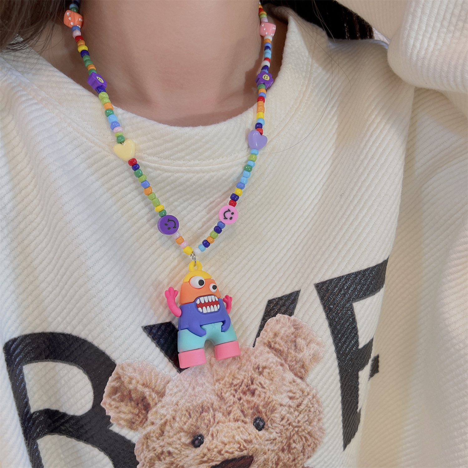 Couple necklace Cartoon monster Pendant Necklace women's new hip-hop color sweater collarbone chain