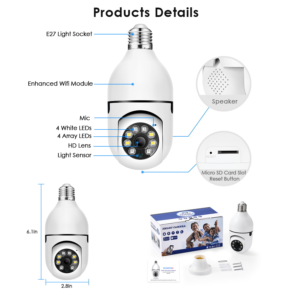 2MP Tuya 5G WiFi Camera Light Bulb 360 Rotate Auto Tracking Panoramic Wireless PTZ Remote Viewing Security Surveillance Mini Cam
