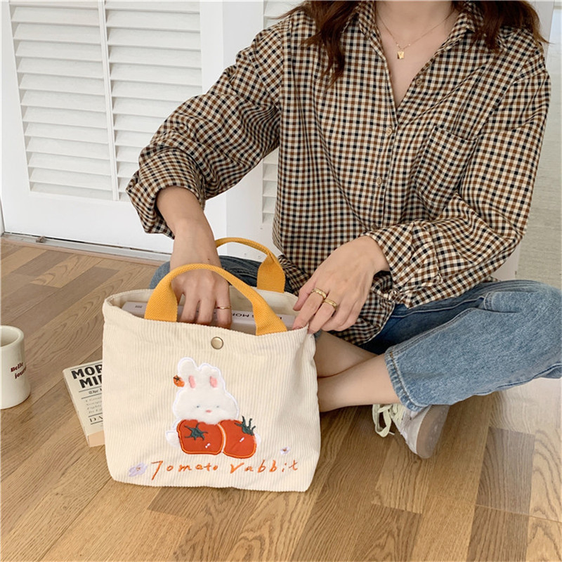 Women Cartoon Rabbit  Mini Handbag  Korean Style Corduroy Small Shopping Bag for Girl  Reusable Storage Tote Bag