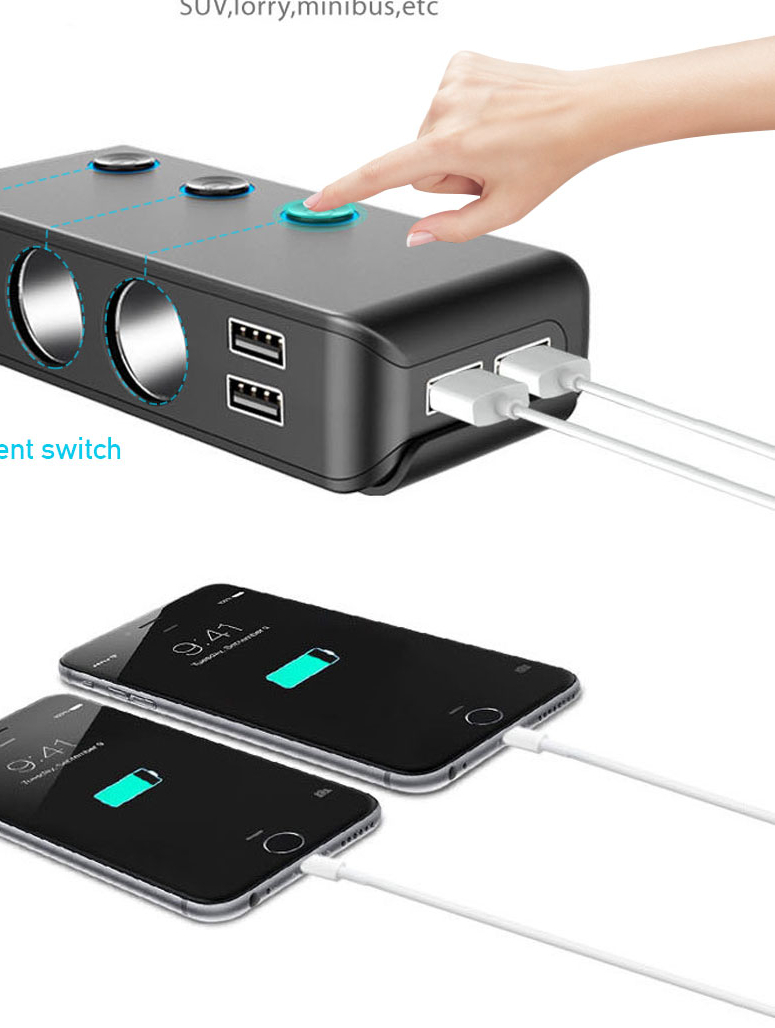 Quick Charge 3.0 Cigarette Lighter Splitter 4 USB Ports 120W Car Charger 12V/24V Universal 3 Socket Power Adapter with 3 Switch