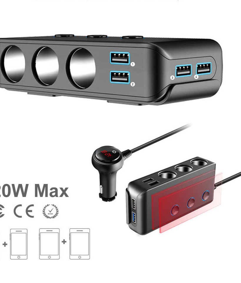 Quick Charge 3.0 Cigarette Lighter Splitter 4 USB Ports 120W Car Charger 12V/24V Universal 3 Socket Power Adapter with 3 Switch