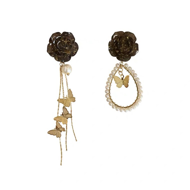 Dark retro temperament gold foil rose tassel butterfly asymmetric Earrings female ear clip