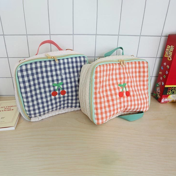 Japanese cute red plaid girl heart portable cosmetic bag cherry retro embroidery portable travel bag storage bag