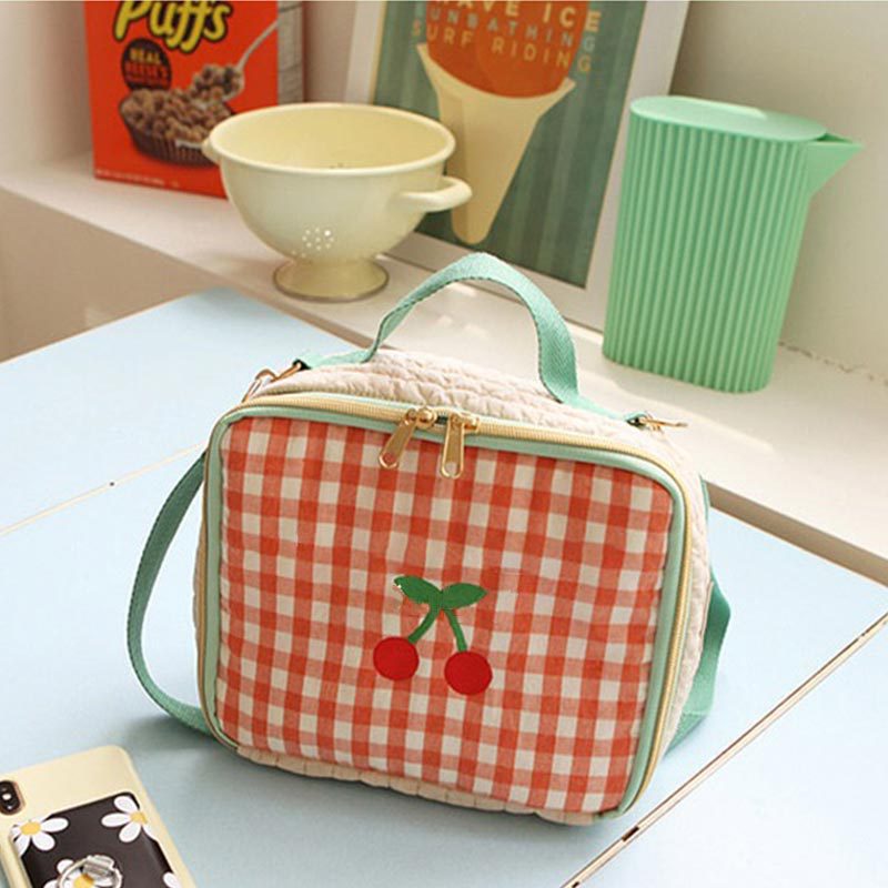 Japanese cute red plaid girl heart portable cosmetic bag cherry retro embroidery portable travel bag storage bag