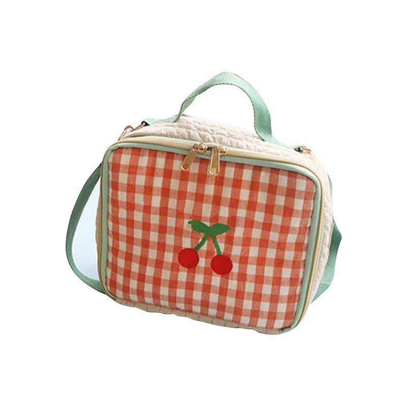 Japanese cute red plaid girl heart portable cosmetic bag cherry retro embroidery portable travel bag storage bag