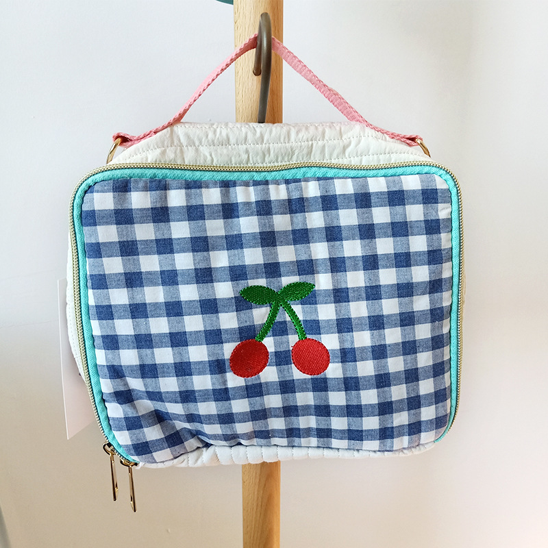 Japanese cute red plaid girl heart portable cosmetic bag cherry retro embroidery portable travel bag storage bag