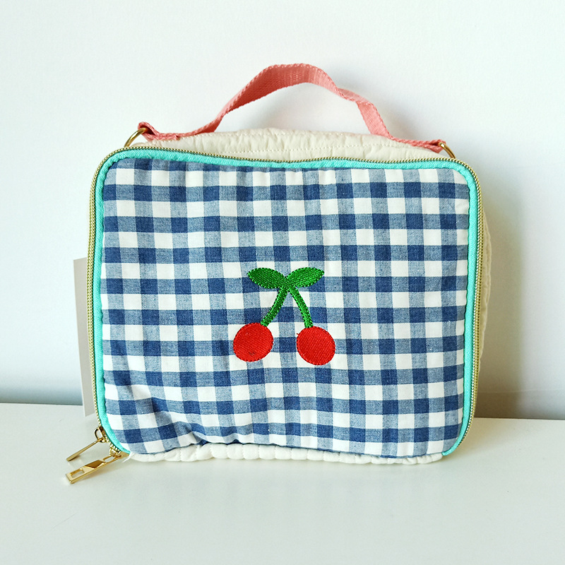Japanese cute red plaid girl heart portable cosmetic bag cherry retro embroidery portable travel bag storage bag