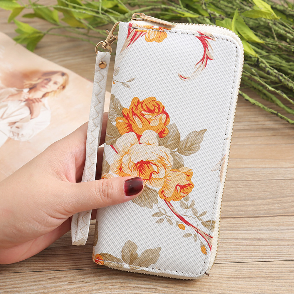 1PC Women's Rose Print Wallet Long Handbag Fashion Wild Zipper Clutch Bag Multi-card Wallet Purse Card Holder