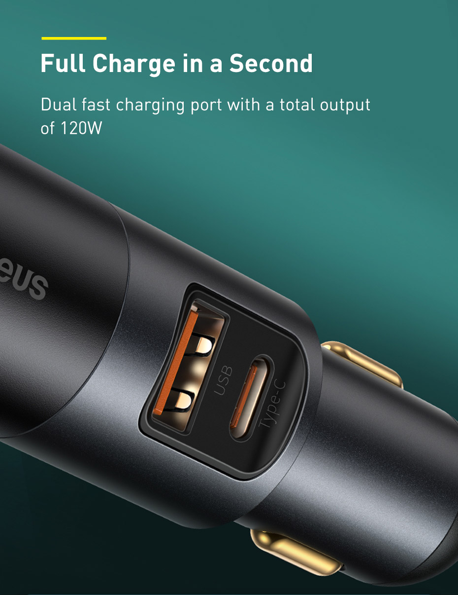 120W Car Charger Cigarette Lighter Expansion Splitter Socket Type C USB Dual Ports Fast Charger Accessory Adapter
