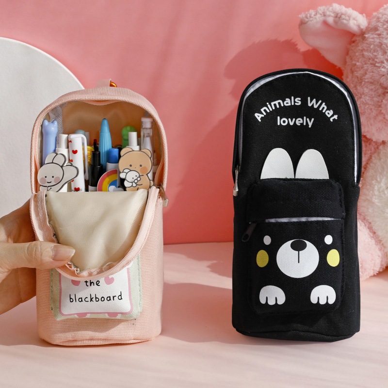 Canvas school bag pencil bag large capacity primary school students cute men and women simple cartoon junior high school students pencil stationery box
