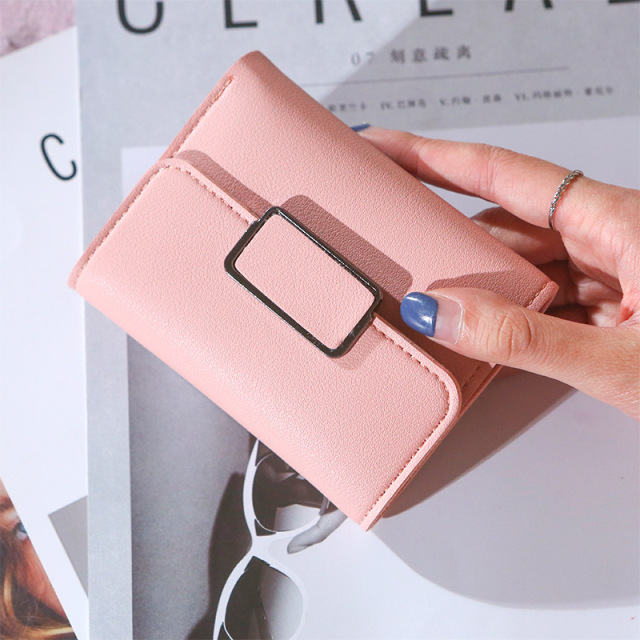 New Style Short Ladies Wallet Simple Checkered Decoration Fashion Litchi Pattern Women's Solid Color Tri-fold Student Wallet