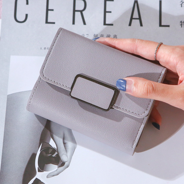 New Style Short Ladies Wallet Simple Checkered Decoration Fashion Litchi Pattern Women's Solid Color Tri-fold Student Wallet