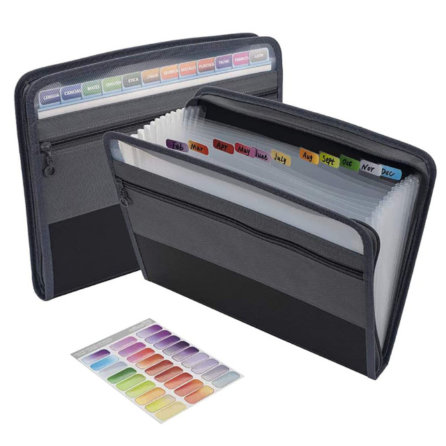A4 Expanding File Folder with Sticky Labels 13 Pockets Accordion Document Organizer Expanding File Folder with Zipper Closure