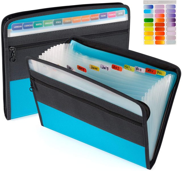 A4 Expanding File Folder with Sticky Labels 13 Pockets Accordion Document Organizer Expanding File Folder with Zipper Closure