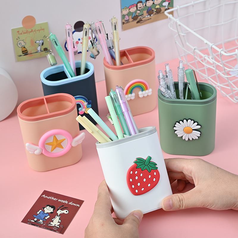 2pcs Cute Cartoon Desk Pen Holder Pencil Makeup Brush Storage Box Multi-function Desktop Organizer