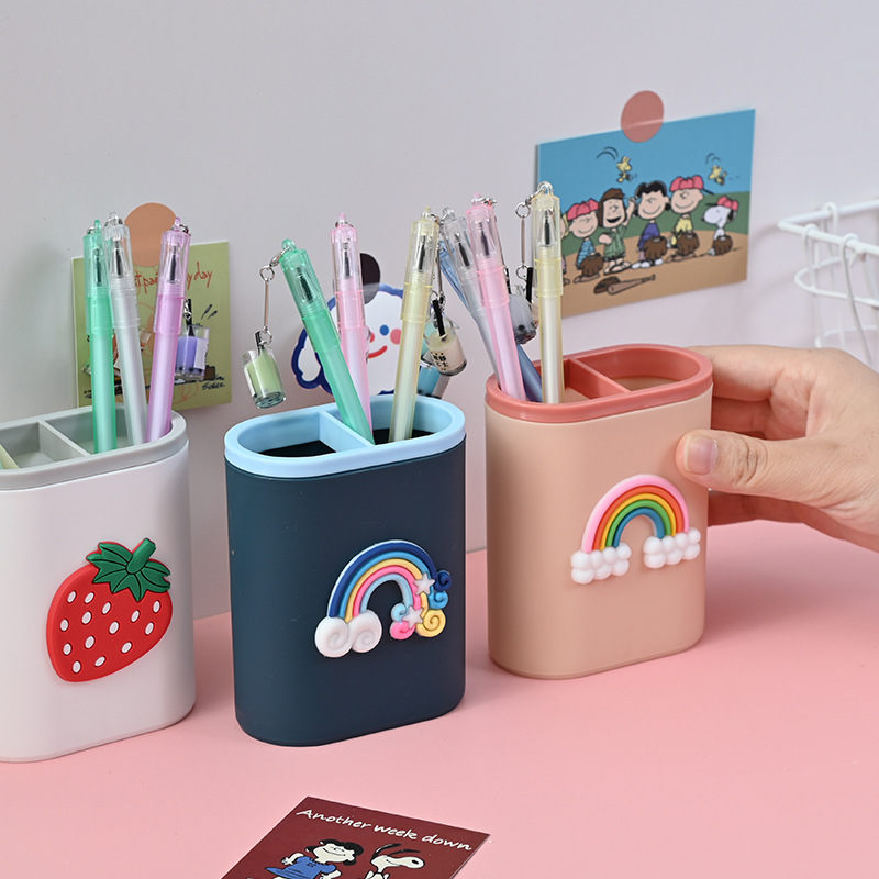 2pcs Cute Cartoon Desk Pen Holder Pencil Makeup Brush Storage Box Multi-function Desktop Organizer