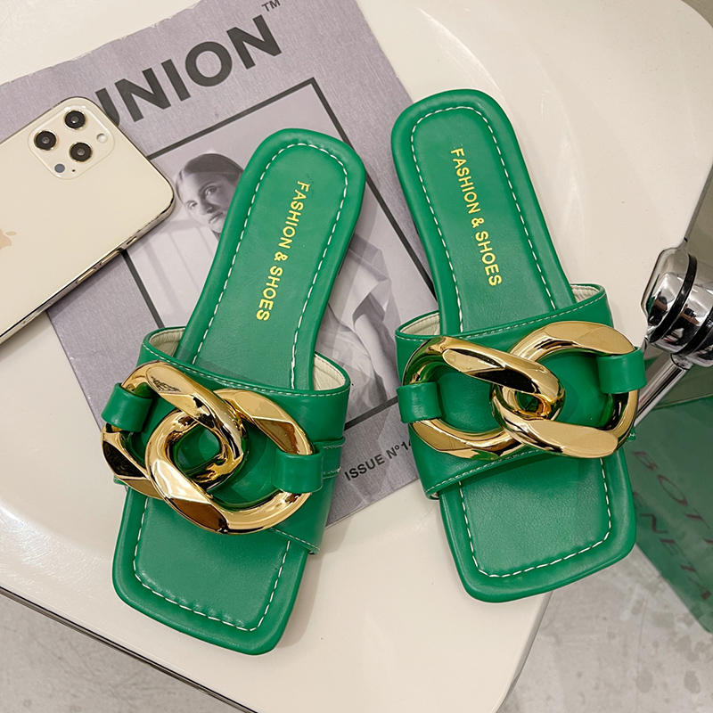 Women Summer Sandals Slippers Metal Decorative Square Head Flat Heel Female Outdoor Beach Casual Luxury Sexy
