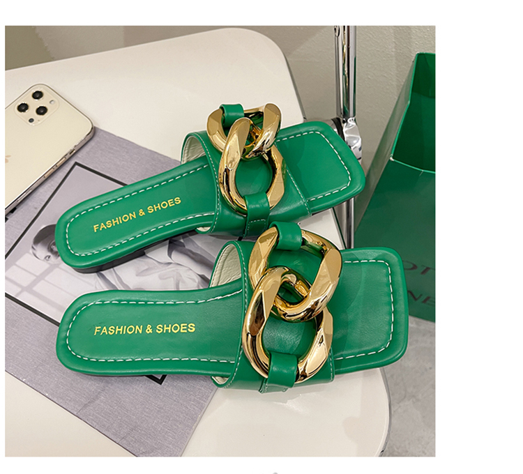 Women Summer Sandals Slippers Metal Decorative Square Head Flat Heel Female Outdoor Beach Casual Luxury Sexy