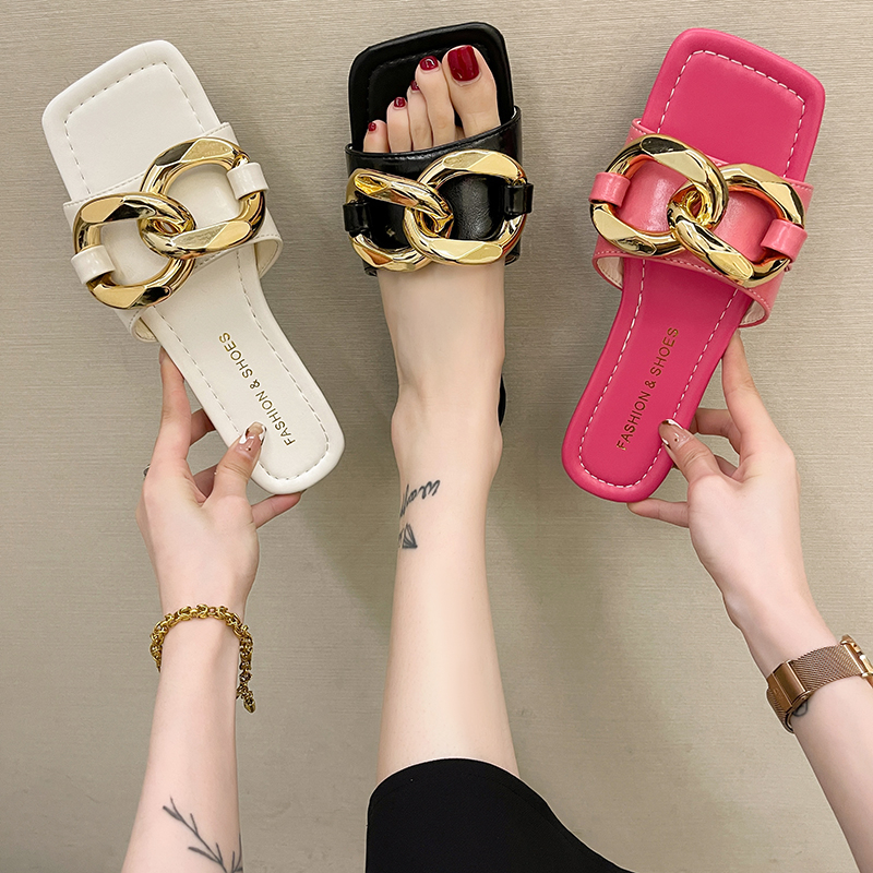 Women Summer Sandals Slippers Metal Decorative Square Head Flat Heel Female Outdoor Beach Casual Luxury Sexy