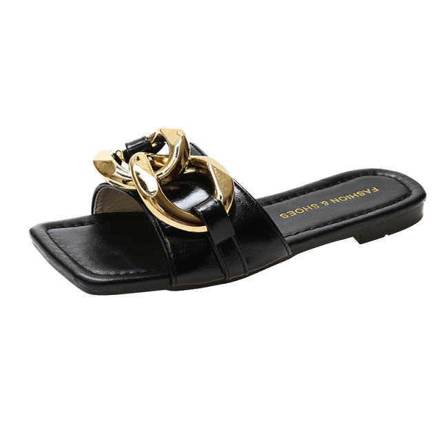 Women Summer Sandals Slippers Metal Decorative Square Head Flat Heel Female Outdoor Beach Casual Luxury Sexy