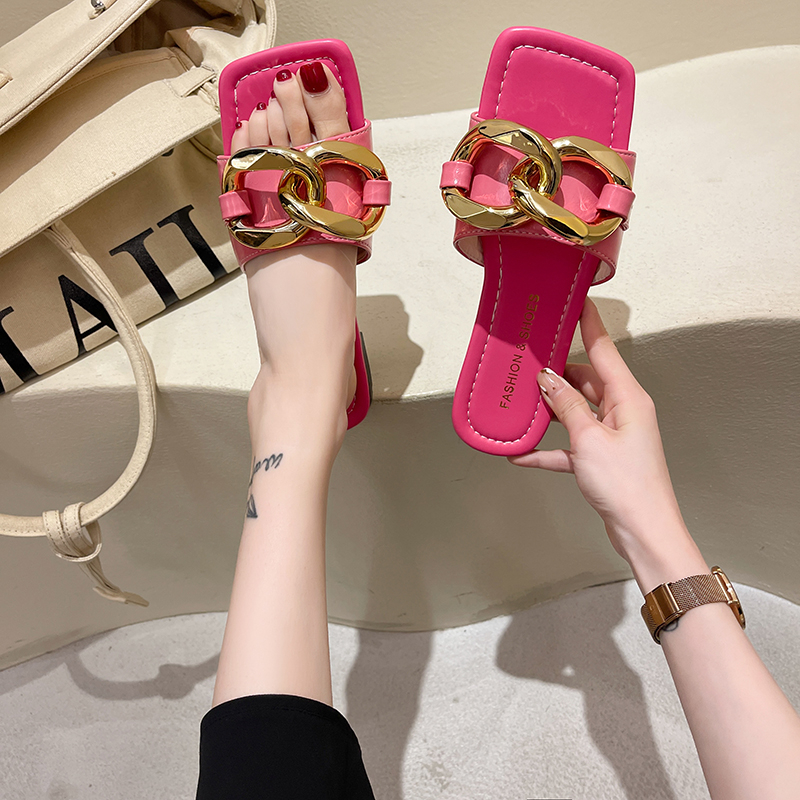 Women Summer Sandals Slippers Metal Decorative Square Head Flat Heel Female Outdoor Beach Casual Luxury Sexy