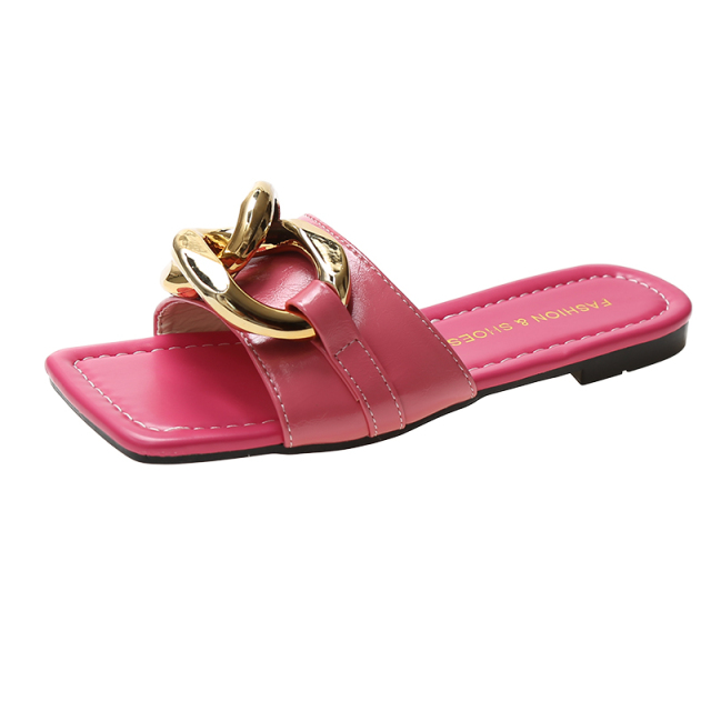 Women Summer Sandals Slippers Metal Decorative Square Head Flat Heel Female Outdoor Beach Casual Luxury Sexy