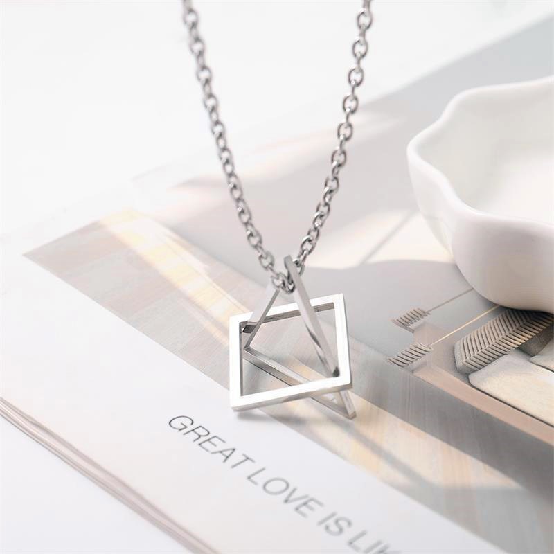 2PCS Popular Triangle Square Necklace for Men Women Silver Color Geometric Fashion Necklace Gift for Friend  Jewelry