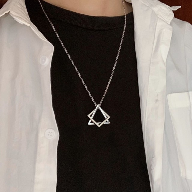 2PCS Popular Triangle Square Necklace for Men Women Silver Color Geometric Fashion Necklace Gift for Friend  Jewelry