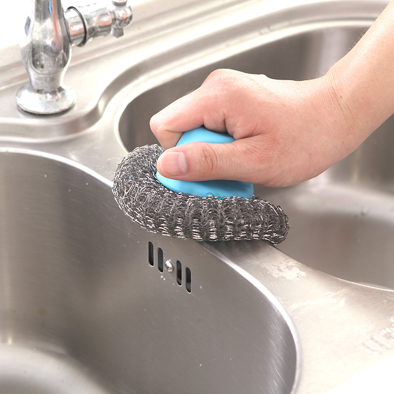 Kitchen Supplies with Handle Pot Brush Multifunctional Non-stick Oil Dishwashing Brush Cleaning Ball Steel Ball Convenient