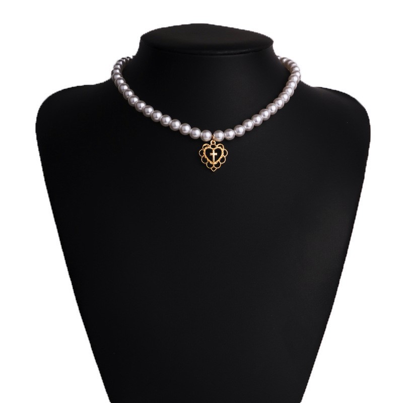2PCS Korea Imitation Pearl  Choker Necklace For Women Cross Heart Necklaces Aesthetic Jewellery Party Girl halloween New Necklace
