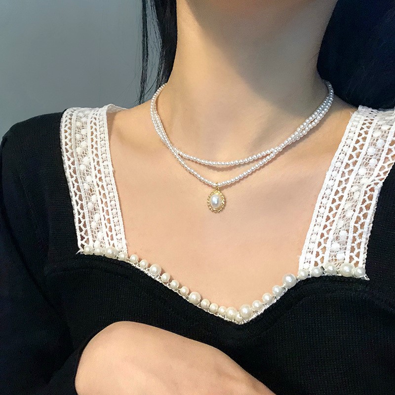 2PCS Imitation Pearl Choker Necklace for Women Summer Beads Double Layer Fashion Neck Jewelry Gift for Friend Pearl Pendant Jewelry