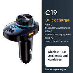 USB 22.5W Super Quick Charge Bluetooth Car Wireless Handsfree Radio Adapter FM Transmitter With Type-C Charger Fm Modulator
